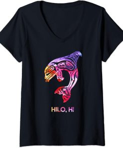 Womens Tribal Hilo Orca Killer Whale Indigenous Native V-Neck T-Shirt