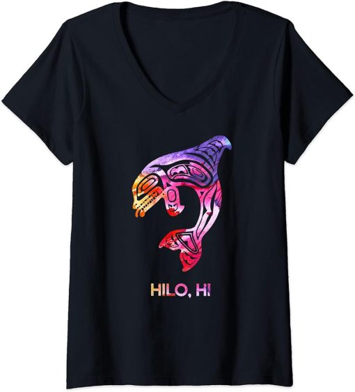 Womens Tribal Hilo Orca Killer Whale Indigenous Native V-Neck T-Shirt