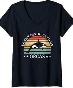 Womens Easily Distracted By Orcas Retro Vintage Funny Whales Lover V-Neck T-Shirt