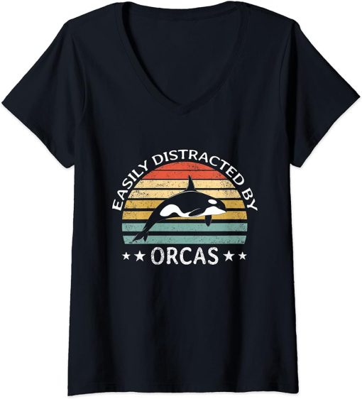 Womens Easily Distracted By Orcas Retro Vintage Funny Whales Lover V-Neck T-Shirt