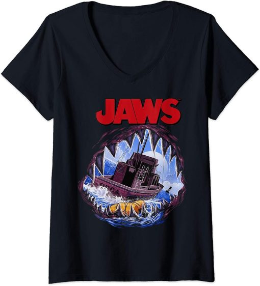 Womens Jaws Mouth View Of Orca Poster Style V-Neck T-Shirt