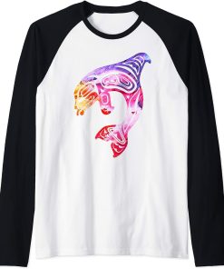 Colorful Orca Killer Whale Pacific NW Native American Raglan Baseball Tee