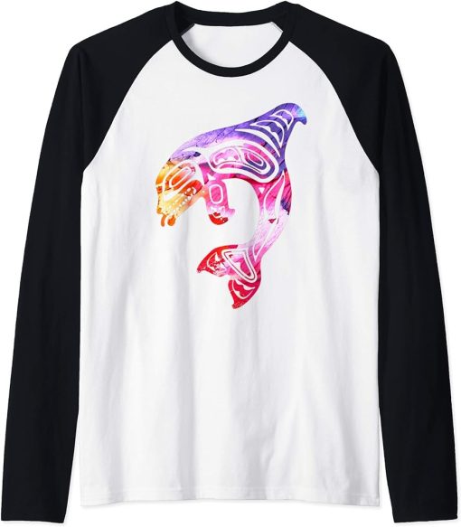 Colorful Orca Killer Whale Pacific NW Native American Raglan Baseball Tee