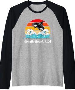 Vintage Copalis Beach WA Distressed Orca Killer Whale Art Raglan Baseball Tee