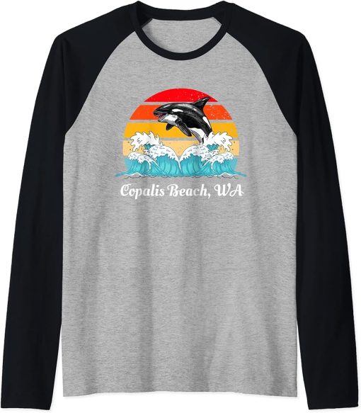 Vintage Copalis Beach WA Distressed Orca Killer Whale Art Raglan Baseball Tee