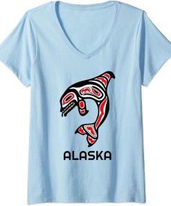 Womens Alaska State Pride Orca Native American Indian Killer Whale V-Neck T-Shirt