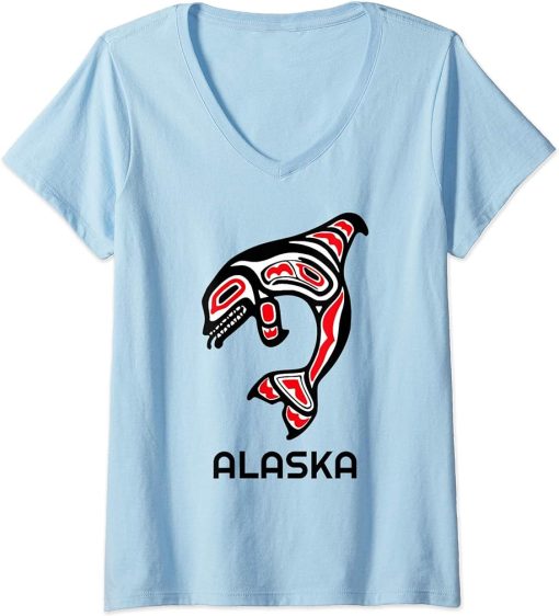 Womens Alaska State Pride Orca Native American Indian Killer Whale V-Neck T-Shirt